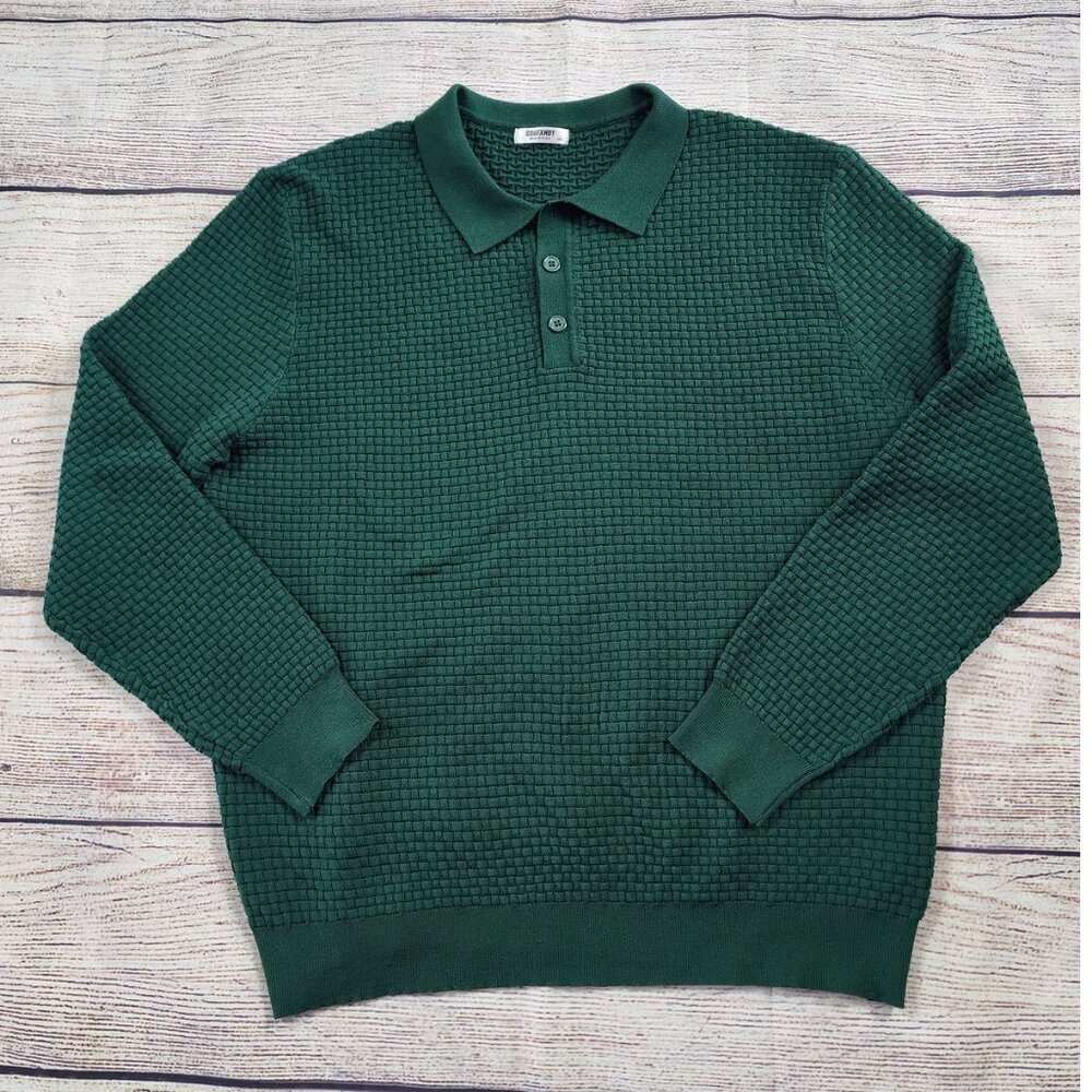 Coofandy Polo Collar Sweater Size XXL Crosshatch Textured Pattern Green